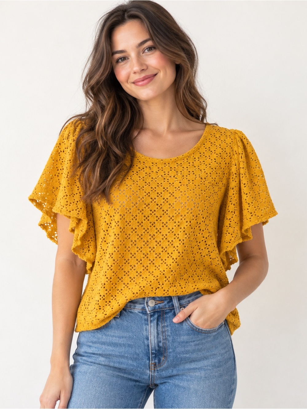 Madewell Texture & Thread Yellow Eyelet Flutter Sleeve Top L